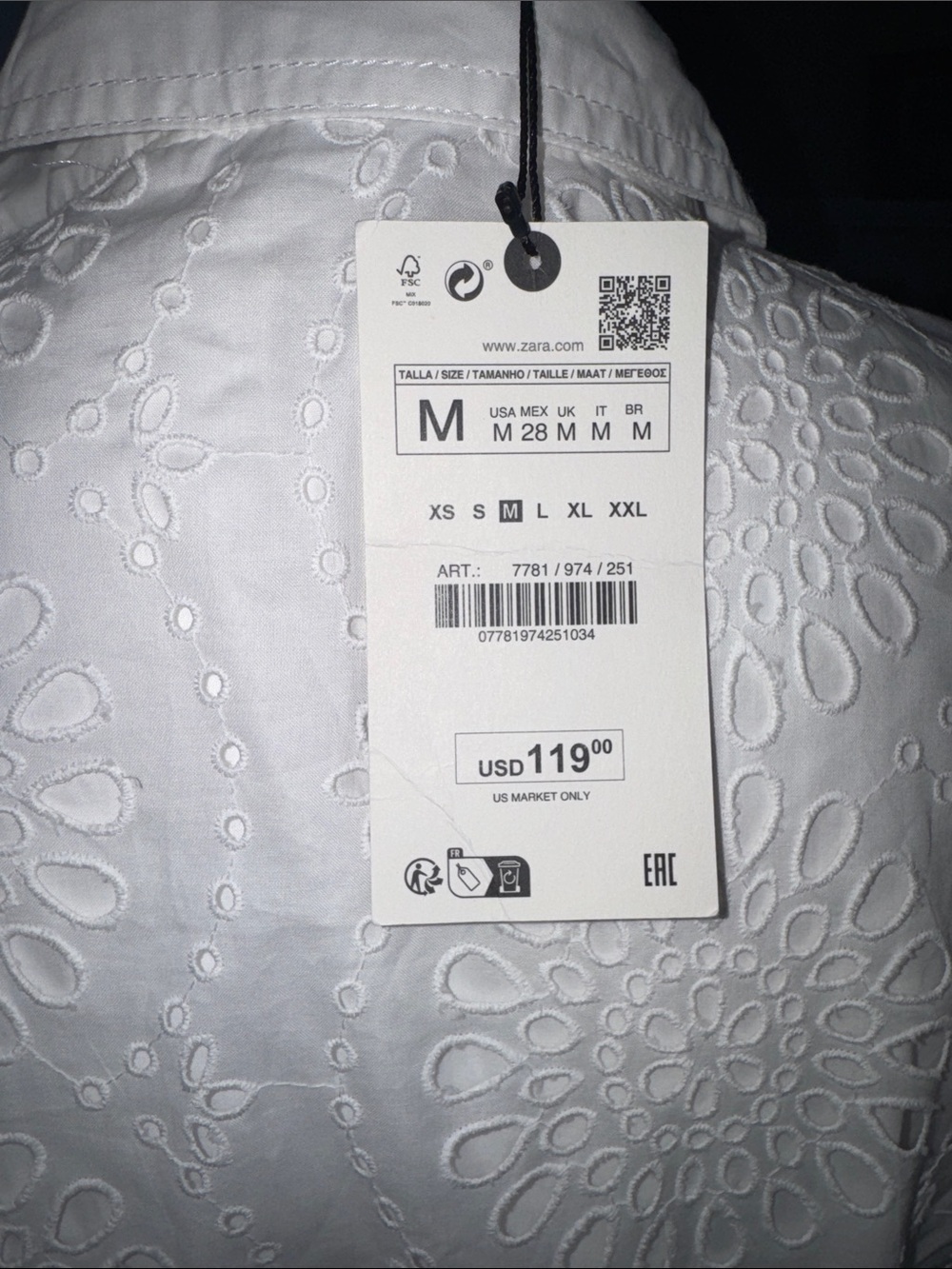 ZARA White Eyelet Shirt Maxi Dress with collar and belt Cotton NWT Medium - Picture 9 of 12